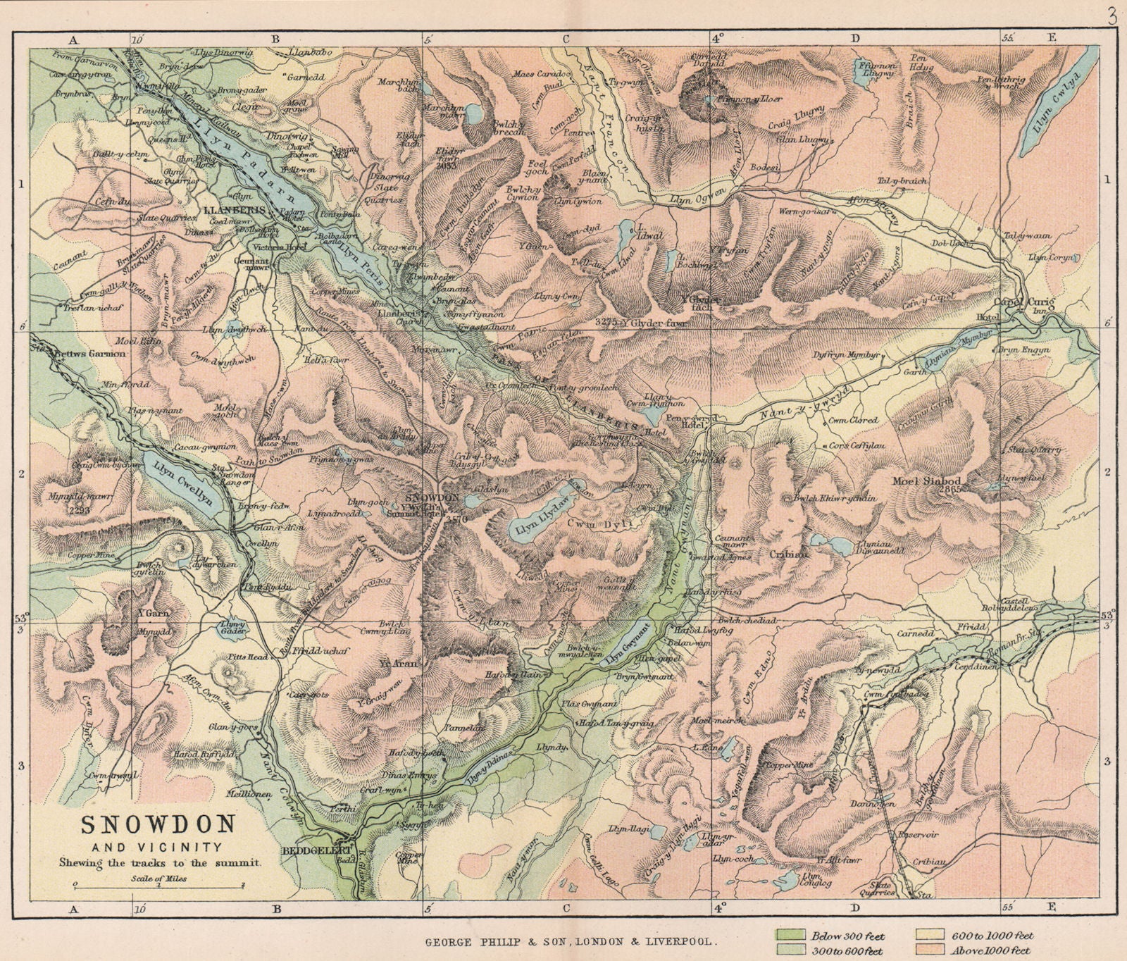 SNOWDONIA. Snowdon showing tracks to the Summit. Wales. BARTHOLOMEW 1896 map
